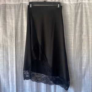 Zara Black Midi Skirt with Slit and Lace Trim
